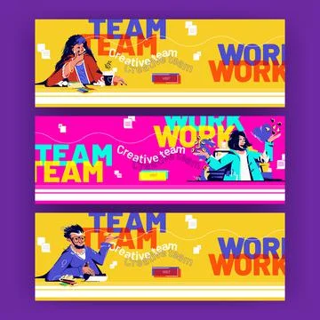 Team work cartoon web banners with business people Stock Illustration