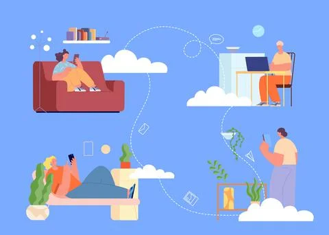 Team work in cloud service. Remote job and communication, home office. People イラスト素材