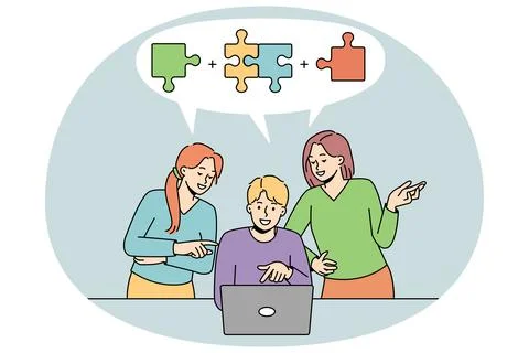 Team work on computer finding solution Stock Illustration