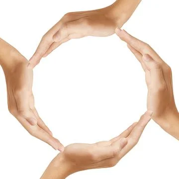 Team work concept. Circle of hands isolated on a white background. Close-up. Stock Photos