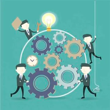 Team work concept with cogwheel and businessmen Stock Illustration