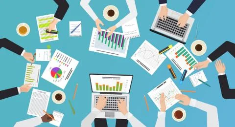 Team work concept. Top office desk view of brainstorming, business meeting Stock Illustration