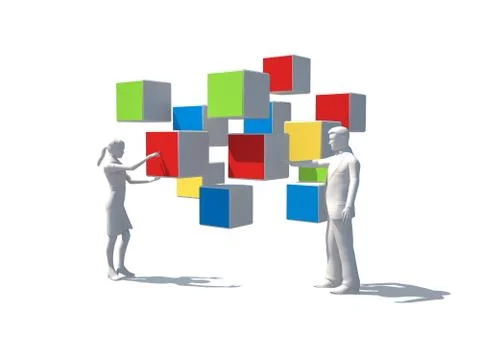 Team work concept (two people and puzzle in space) Stock Illustration