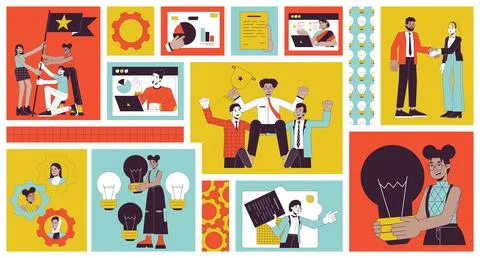 Team work diversity bento grid illustration set Stock Illustration