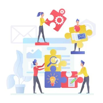 Team work flat vector illustration. Smart management. Puzzle and jigsaw pieces イラスト素材