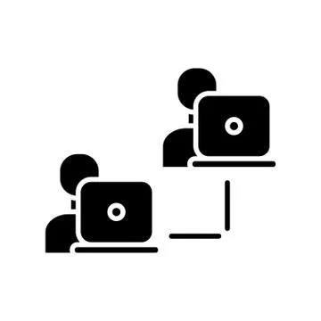 Team work. Laptop interaction black icon on white background Stock Illustration