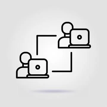 Team work. Laptop interaction scheme line icon on gray background Stock Illustration