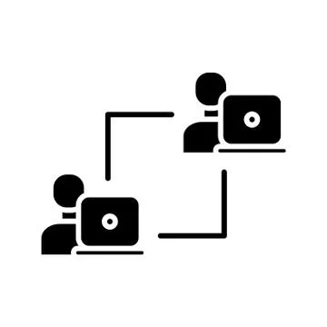 Team work. Laptop interaction scheme black icon on white background Stockillustratie