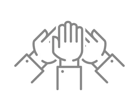 Team work line icon. Three raised hands, success, charity symbol Stock Illustration