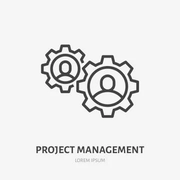 Team work line icon, vector pictogram of collaboration process. People in cog Stock Illustration