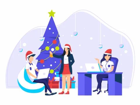 Team work is preparing for the new year, company in the office at work. Flat  Stock Illustration