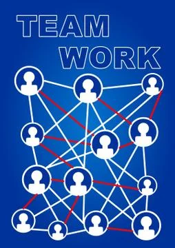 Team work presentation slide with small icons, white portrait silhouettes in  Stock Illustration