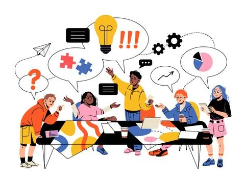 Team work process. Creative youth group coworking, office people characters Stock Illustration