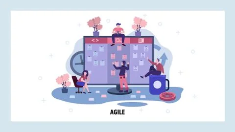 Team work on project and check tasks on big kandan board. Agile and scrum board Stock Illustration
