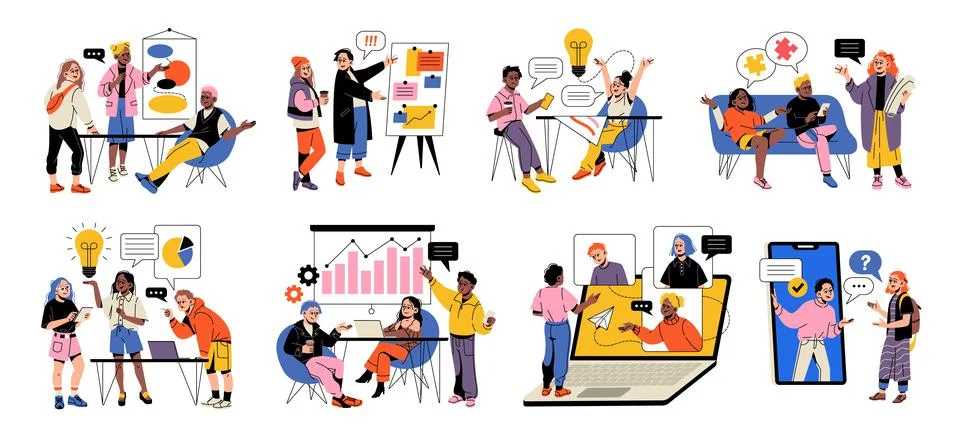 Team work scenes. Creative people, talented youth at work, bright funny guys and Illustrazione stock