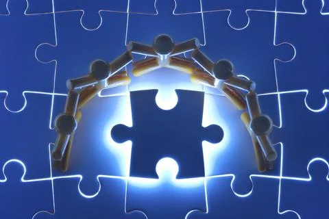 Team work on solving puzzle problem. Team work concept. Stock Photos