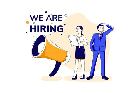 A team work standing and sitting with big megaphone behind and shout We are H Stockillustratie