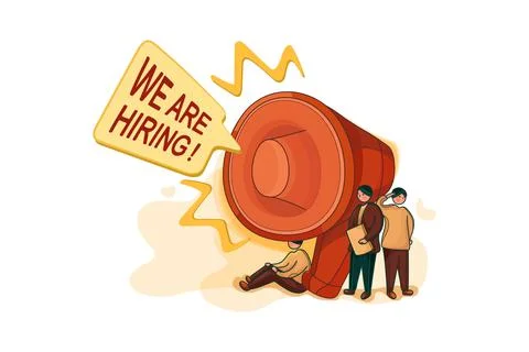 A team work standing and sitting with big megaphone behind and shout We are H 스톡 일러스트