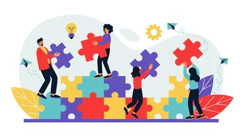 Team work, tiny people hold jigsaw puzzle, characters business professional c Stock Illustration