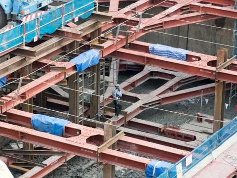 Team of worker in a construction area work with steel  structure Foto stock