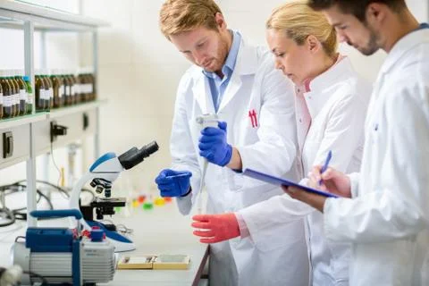 Team worker in lab work with microscope Foto stock