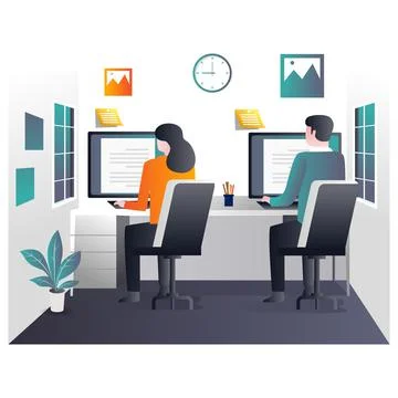 TEAM WORKER USING COMPUTER IN THE OFFICE Stock Illustration