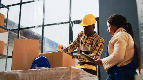 Team of workers preparing packages for stock transport Stock Photos