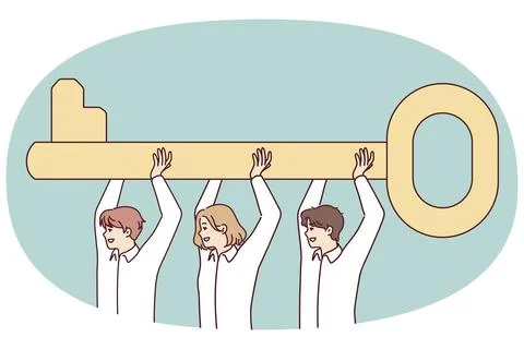 Team workers raises huge key above their heads, symbolizing joint solution of Ilustração Stock