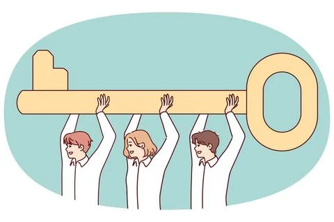 Team workers raises huge key above their heads, symbolizing joint solution... Foto stock