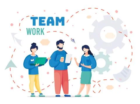 Team workers standing and discussing project, sharing ideas, communication Illustrazione stock