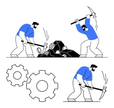 Team of Workers Using Sledgehammers on Rocks and Gears to Symbolize Labor a.. Illustrazione stock