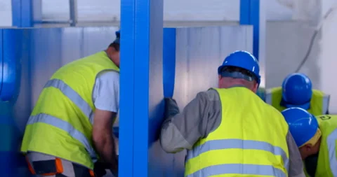 Team of workers in vests and helmets are assembling industrial equipment Stock Footage 161986121