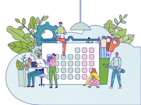 Team working on calendar concept, tiny people at office job, flat cartoon Illustrazione stock
