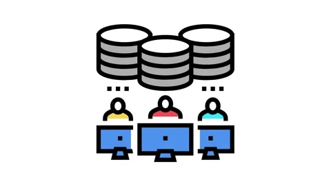 Team working at computers digital processing color icon animation Stock Footage 164228284