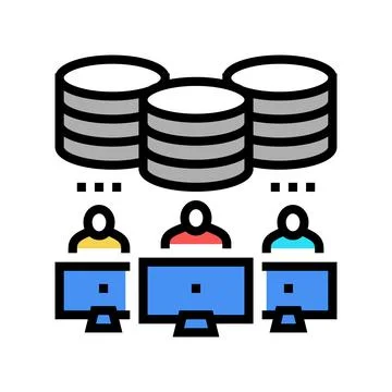 Team working at computers digital processing color icon vector illustration Stock Illustration