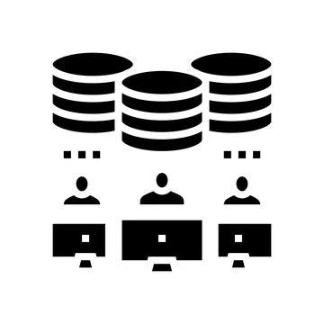 Team working at computers digital processing glyph icon vector illustration Stock Illustration