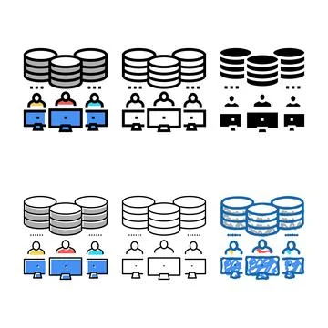 Team working at computers digital processing color icon vector variants Stock Illustration