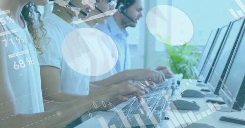 Team working on computers in office, analyzing digital data and statistics Stock Illustration