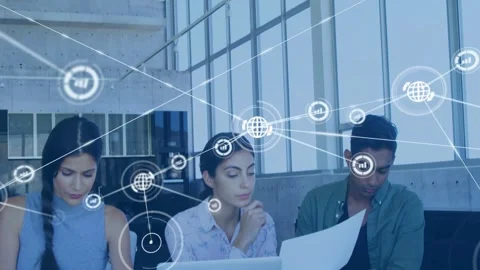 Team working, network node appearing, expanding, covering laptop tablet docs, Stock Footage 332821798