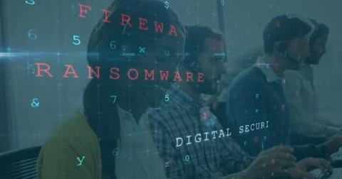 Team working in office, focusing on digital security and firewall protection Illustrazione stock
