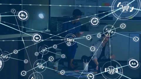 Team working, pointing at laptop with node appearing, growing cart and chart Stock Footage 332642422