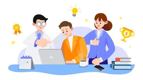 Team working on a project in the office with elements. Stock Illustration