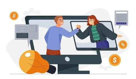 Team working on start up. Man and woman working on business project 스톡 일러스트