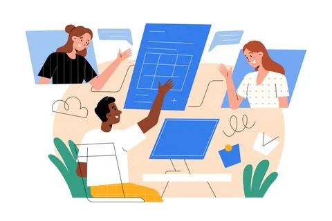 Team working together, using cloud software, working at a document from home Ilustração Stock