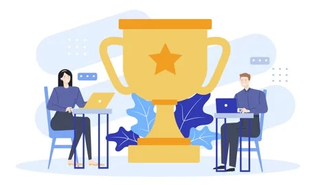 Team working using laptop with hug trophy illustration business animated video Stock Footage 282760529