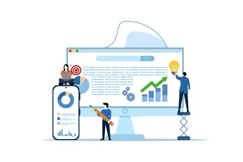 Team working on web and application development on computers Stockillustratie