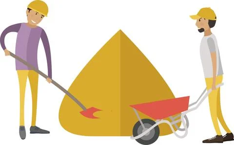 Team of workmen loading sand into wheelbarrow vector icon isolated on white Illustrazione stock