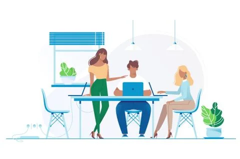 Team works in the office for laptops. Illustrazione stock