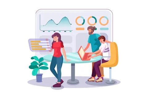 Team works on project with help of analytics, computers and graphs in office. 스톡 일러스트