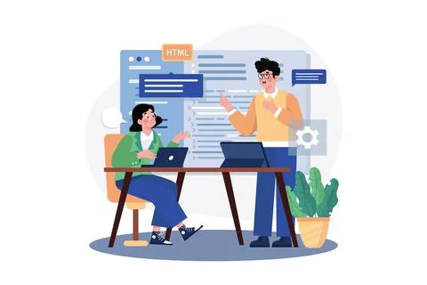 Team writes code programming for app or website Stock Illustration